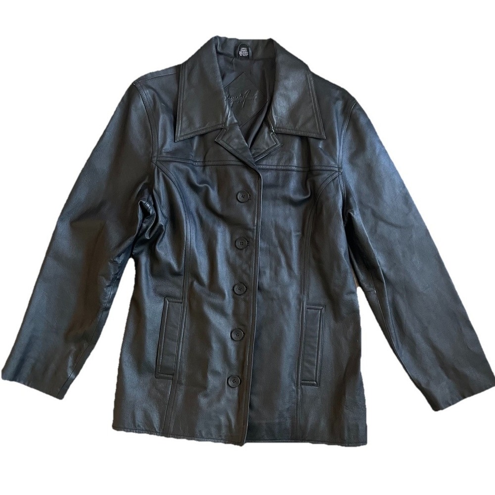 Jacqueline Ferrari Solid Black Leather Jacket Size Large Classic Button
